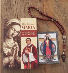 Livro Mãe De Todos, Maria ( Pe Reginaldo Manzotti) + Terço de Madeira Santa Chagas