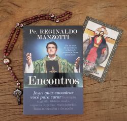 Livro Padre Reginaldo Manzotti + Lindo terço em Madeira Santas Chagas 42 cm - Artigo Religioso