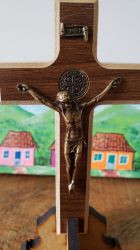 Crucifixo de Mesa e Parede São Bento 15 cm em Madeira - Artigo Religioso Católico